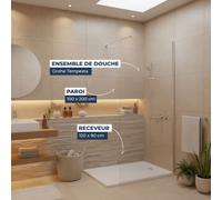 Pack Douche Complet - Paroi Walk-In 100x200 Chrome + Colonne Grohe Tempesta 3 Jets + Receveur Marbre Coulé Blanc 120x90