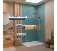 Pack Douche Complet - Paroi Walk-In 100x200 Chrome + Colonne Grohe Vitalio 2 Jets + Receveur Marbre Coulé Blanc 120x80