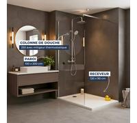 Pack Douche Complet - Paroi Walk-In 100x200 Chrome + Colonne SAT 3 Jets + Receveur Marbre Coulé Blanc 120x90 (SAT100C7PR129W)