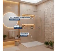 Pack Douche Complet - Paroi Walk-In 120x200 Chrome + Colonne Grohe Eurosmart 2 Jets + Receveur Marbre Coulé Blanc 120x80