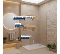 Pack Douche Complet - Paroi Walk-In 120x200 Chrome + Colonne Grohe Tempesta 3 Jets + Receveur Marbre Coulé Blanc 120x90