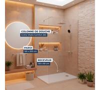 Pack Douche Complet - Paroi Walk-In 120x200 Chrome + Colonne Grohe Vitalio 2 Jets + Receveur Marbre Coulé Blanc 120x90