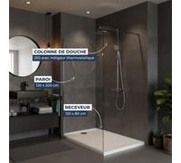 Pack Douche Complet - Paroi Walk-In 120x200 Chrome + Colonne SAT 3 Jets + Receveur Marbre Coulé Blanc 120x80 (SAT120C7PR128W)