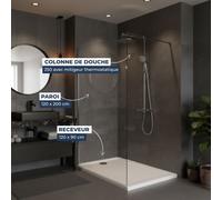 Pack Douche Complet - Paroi Walk-In 120x200 Chrome + Colonne SAT 3 Jets + Receveur Marbre Coulé Blanc 120x90 (SAT120C7PR129W)