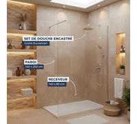 Pack Douche Complet - Paroi Walk-In 140x200 Chrome + Colonne Grohe Eurosmart 2 Jets + Receveur Marbre Coulé Blanc 140x80 (SAT140