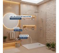 Pack Douche Complet - Paroi Walk-In 140x200 Chrome + Colonne Grohe Eurosmart 2 Jets + Receveur Marbre Coulé Blanc 140x80