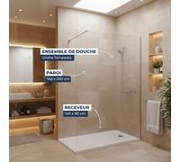 Pack Douche Complet - Paroi Walk-In 140x200 Chrome + Colonne Grohe Tempesta 3 Jets + Receveur Marbre Coulé Blanc 140x90