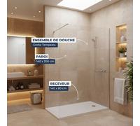 Pack Douche Complet - Paroi Walk-In 140x200 Chrome + Colonne Grohe Tempesta 3 Jets + Receveur Marbre Coulé Blanc 140x80