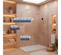 Pack Douche Complet - Paroi Walk-In 140x200 Chrome + Colonne Grohe Vitalio 2 Jets + Receveur Marbre Coulé Blanc 140x80