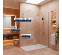 Pack Douche Complet - Paroi Walk-In 140x200 Chrome + Colonne Grohe Vitalio 2 Jets + Receveur Marbre Coulé Blanc 140x90