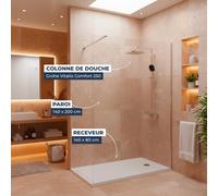 Pack Douche Complet - Paroi Walk-In 140x200 Chrome + Colonne Grohe Vitalio 2 Jets + Receveur Marbre Coulé Blanc 140x80 (SAT140C8
