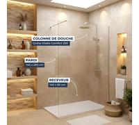 Pack Douche Complet - Paroi Walk-In 140x200 Chrome + Colonne SAT 3 Jets + Receveur Marbre Coulé Blanc 140x80 (SAT100C7VI148W)