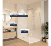 Pack Douche Complet - Paroi Walk-In 140x200 Chrome + Colonne SAT 3 Jets + Receveur Marbre Coulé Blanc 140x90 (SAT100C7PR149W)
