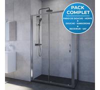 Pack douche : Porte coulissante 120cm + Paroi latérale 80cm + Colonne de douche avec mitigeur Hansgrohe + Receveur 120x80cm Noir
