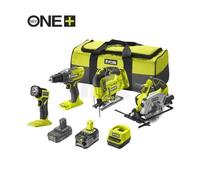 RYOBI - Combo 4 outils 18V ONE+ : perceuse-visseuse + scie sauteuse + scie circulaire + lampe LED - Sac de transport avec 2 batteries 5 et 2 Ah et 1 chargeur rapide - RCK184A-252S
