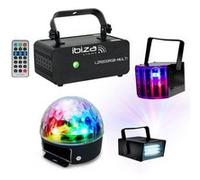 Pack Effets de Lumière PARTY-3PACK Stroboscope Derby Astro - Laser Ibiza LZR200RGB-MULTI Soirée Discothèque Club Bar Musique Dj Noir