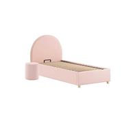 Pack Lit coffre 90x200cm Tête Demi-Lune + Pouf Tissu Bouclé Rose - CONNIE -