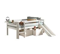 VIPACK Lit de jeu à couchette avec surface de couchage 90 x 200 cm, échelle, étagère, toboggan, sommier à lattes à roulettes et 2 tiroirs inclus, en pin et MDF laqué blanc