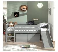 Vipack Lit mi-hauteur 90x200 cm avec toboggan, échelle, sommier à lattes et 2 tiroirs gris
