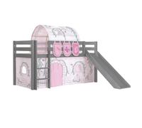 Vipack Lit Enfant Surlev Avec Toboggan Gris + Rideau Et Tunnel De Lit + 3 Pochettes Birdy