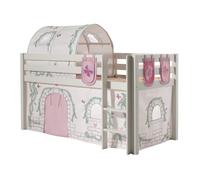 Vipack Lit de jeu Pino surélevé pin massif 90x200 cm avec rideau, tunnel et 3 pochettes Birdy