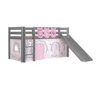 Vipack Lit enfant Pino 90x200 cm surélevé avec toboggan, rideau et 3 pochettes Birdy Gris