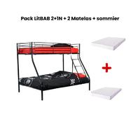 Pack: Lit superposé en métal sommier inclus + 2 Matelas 90/140x190 cm, 3 places Noir COSTO