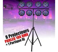 Pack Lumière Pied Support SL002 - 8 Projecteurs Party Par 18x1W RGB DMX - DJ Mobile - Soirée - Mariage - Anniversaire