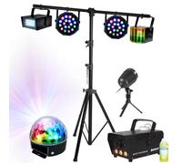 Pack Lumière Support 2,80m - 6 Jeux de Lumière Projecteur PAR - DERBY - Stroboscope - Boule Astro - Machine à Fumée LED - Liquide