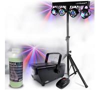 Pack Lumières LyteQuest Portique Eclairage soirée, Fête, avec 4 PAR /UV/FRIZTAL DMX 18 prog. + Machine à fumée et liquide inclus