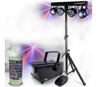 Pack Lumières LyteQuest Portique Eclairage soirée, Fête, avec 4 PAR /UV/FRIZTAL DMX 18 prog. + Machine à fumée et liquide inclus