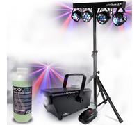 Pack Lumières LyteQuest Portique Eclairage soirée, Fête, avec 4 PAR /UV/FRIZTAL DMX 18 prog. + Machine à fumée et liquide inclus