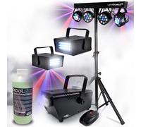 Pack Lumières Xperformer Portique Eclairage soirée, Fête, avec 4 PAR /UV/FRIZTAL DMX 18 prog. +Machine à fumée et liquide inclus
