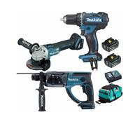 Pack Makita 18V 5Ah: Perceuse 62Nm DDF482 + Meuleuse 125mm DGA504 + Perforateur 2J DHR202 + 2 batteries + sac