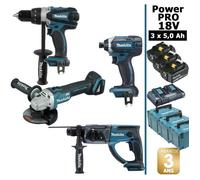 Pack Makita Power PRO 18V: DDF458 + DHR202 + DGA504 + DTD152 + 3 batt 5Ah + 3 Coffrets