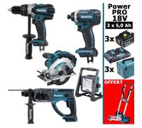 Pack Makita Power PRO 18V: DDF458 DHR202 DSS610 DTD152 Projecteur 3 batt 5Ah 3 coffrets OFFERT 1 chariot diable MAKITA