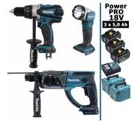 Pack Makita Power PRO 18V: Perceuse 91Nm DDF458 + Perfo 2J DHR202 + Lampe Torche Led 180lm + 3 batt 5Ah + 2 coffrets MAKPAC