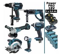 Pack Makita Power PRO 6 outils 18V: DDF458 + DHR202 + DGA504 + DTD152 + DSS610 + Lampe + 3 batt 5Ah + 4 Coffrets