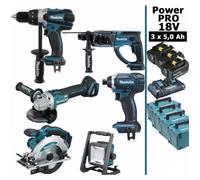 Pack Makita Power PRO 6 outils 18V: DDF458 + DHR202 + DGA504 + DTD152 + DSS610 + Projecteur + 3 batt 5Ah + 4 Coffrets