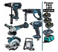 Pack Makita Power PRO 6 outils 18V: DDF458 + DHR202 + DGA504 + DTD152 + DSS610 + Projecteur + 3 batt 5Ah + sac