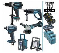 Pack Makita Power PRO 6 outils 18V: DDF458 + DTD152 + DGA504 + DHR202 + DMR108 + Projecteur + 3 batt 5Ah + 3 Coffrets