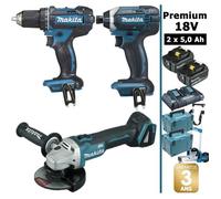 Pack Makita Premium 18V 5Ah: Perceuse 62Nm DDF482 + Meuleuse DGA504 + Visseuse 165Nm DTD152 + 2 batteries + 2 Coffrets + chariot