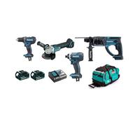 Pack Makita Premium 4 machines 18V 5Ah: Perceuse DDF482 + Meuleuse DGA504 + Perfo DHR202 + Visseuse DTD152 + 2 batt + sac