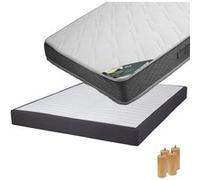 Pack Matelas 140x190 + Sommier Tapissier Démontable 2x20 Lattes Anthracites + Pieds Bois 15cm - JAVA -