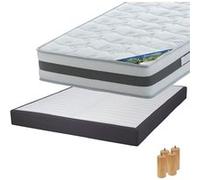 Pack Matelas 140x190 + Sommier Tapissier Démontable 2x20 Lattes Anthracites + Pieds Bois 15cm - SEYCHELLES -