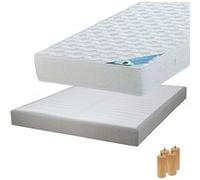 Pack Matelas 140x190 + Sommier Tapissier Démontable 2x20 Lattes Lin + Pieds Bois 15cm - MALDIVES -