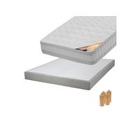 Pack Matelas 140x190 + Sommier Tapissier Démontable 2x20 Lattes Lin + Pieds Bois 15cm - TAHITI -