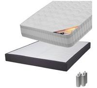 Pack Matelas 160x200 + Sommier Tapissier Démontable 2x20 Lattes Anthracites + Pieds Argent 15cm - TAHITI -
