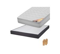 Pack Matelas 160x200 + Sommier Tapissier Démontable 2x20 Lattes Anthracites + Pieds Bois 15cm - TAHITI -