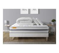 Pack matelas + sommier kit blanc 180x200 Memo Spring Ressorts ensaches MAXI epaisseur + Couette + 2 oreillers